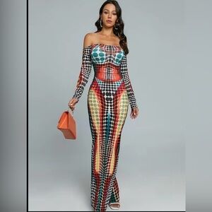 Multicolor Off-Shoulder Maxi Dress
